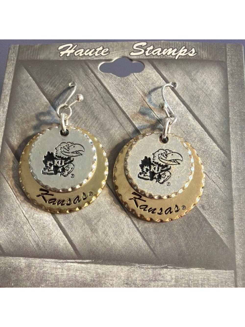 Haute Stamps Kansas University Dangle Earrings Gold Silver Tone Disc 2" New